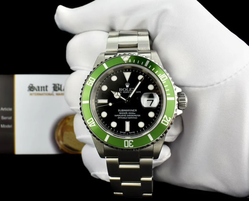 rolex_mm_stainless_submar_1-1.webp Diving Professional Watches | Sant Blanc ROLEX 40mm Stainless Submariner Black Dial Green Bezel Kermit Model 16610