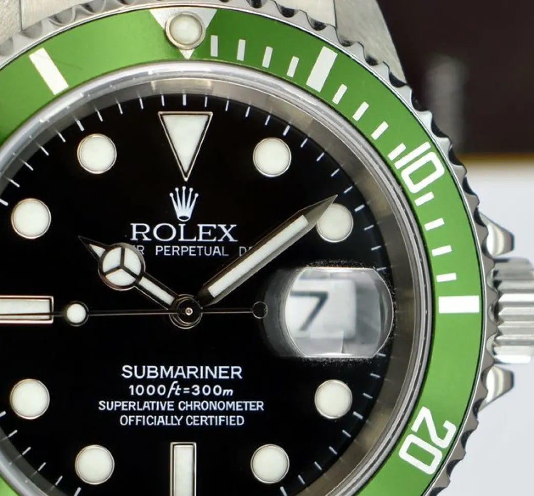 rolex_mm_stainless_submar_2-1.webp Diving Professional Watches | Sant Blanc ROLEX 40mm Stainless Submariner Black Dial Green Bezel Kermit Model 16610