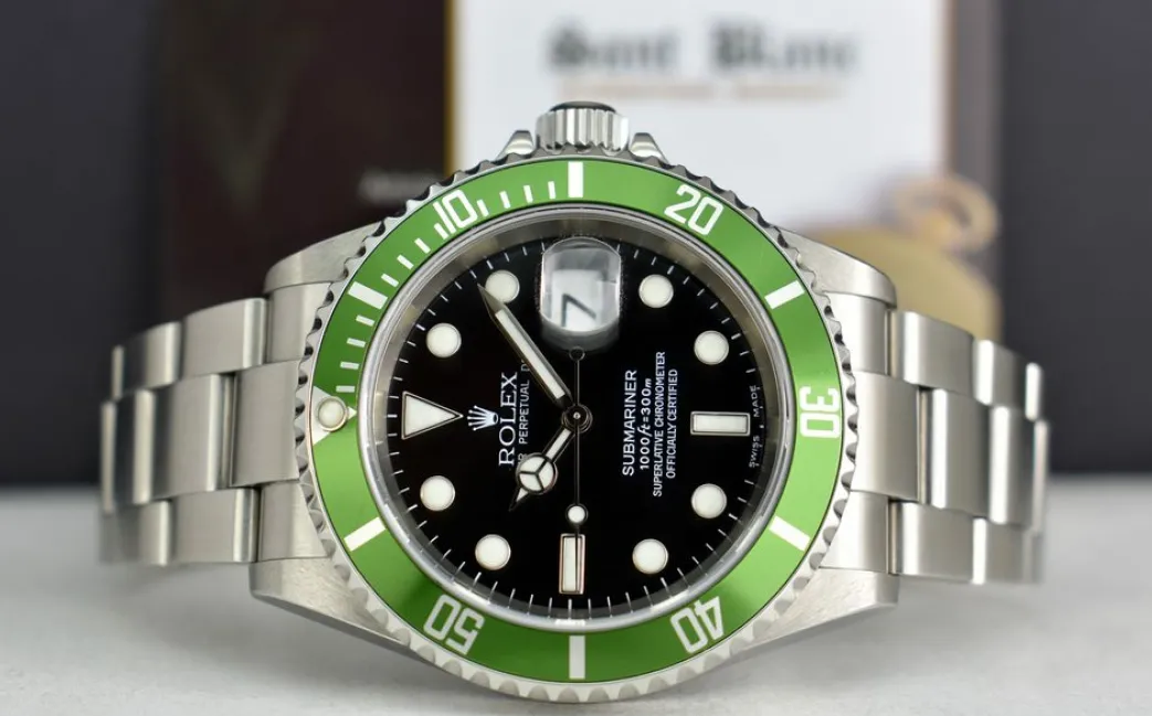 rolex_mm_stainless_submar_3-1.webp Diving Professional Watches | Sant Blanc ROLEX 40mm Stainless Submariner Black Dial Green Bezel Kermit Model 16610