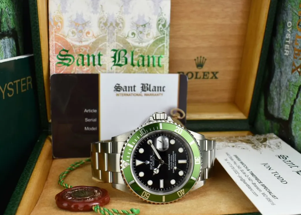 rolex_mm_stainless_submar_6-1.webp Diving Professional Watches | Sant Blanc ROLEX 40mm Stainless Submariner Black Dial Green Bezel Kermit Model 16610