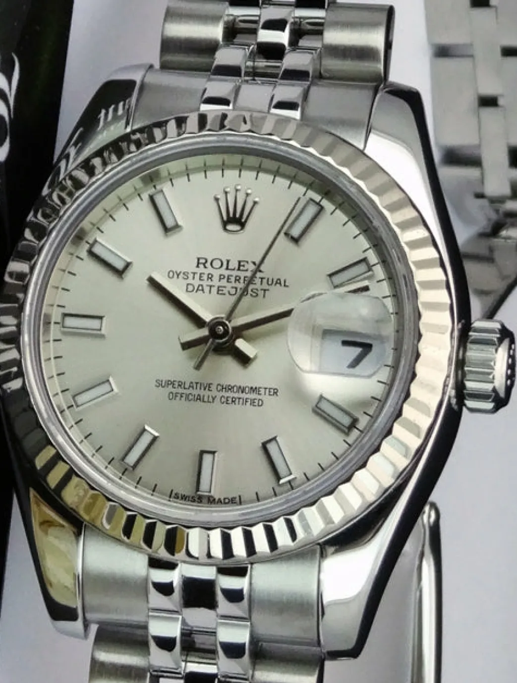 rolex_mm_white_gold__stai_1.webp Ladies Watches | Dress Watches | Sant Blanc ROLEX 26mm White Gold & Stainless Steel Datejust Silver Index Dial Model 179174