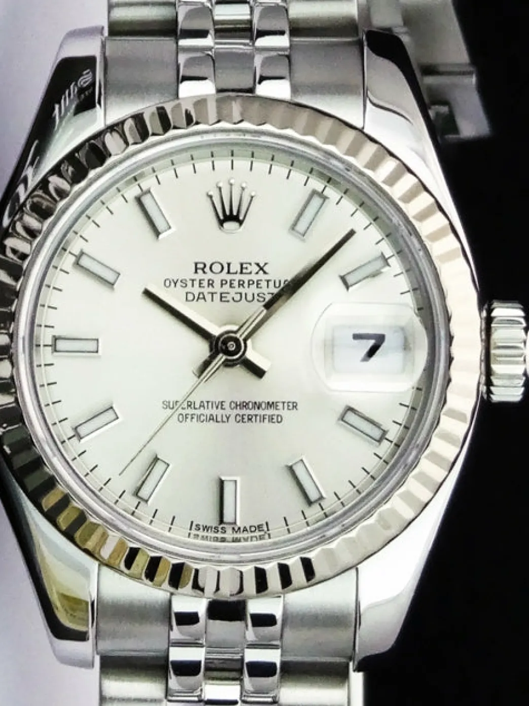 rolex_mm_white_gold__stai_4.webp Ladies Watches | Dress Watches | Sant Blanc ROLEX 26mm White Gold & Stainless Steel Datejust Silver Index Dial Model 179174