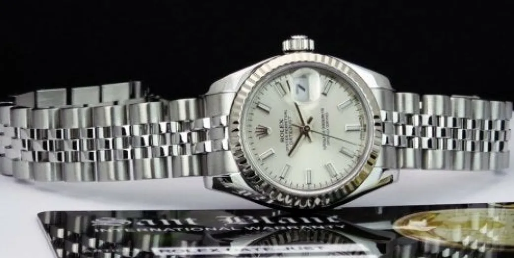 rolex_mm_white_gold__stai_6.webp Ladies Watches | Dress Watches | Sant Blanc ROLEX 26mm White Gold & Stainless Steel Datejust Silver Index Dial Model 179174