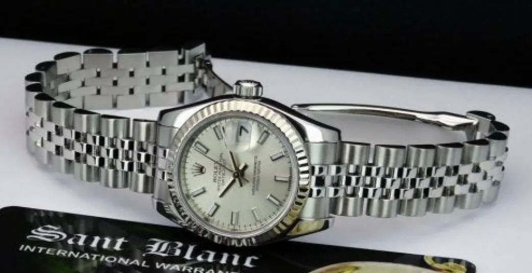 rolex_mm_white_gold__stai_7.webp Ladies Watches | Dress Watches | Sant Blanc ROLEX 26mm White Gold & Stainless Steel Datejust Silver Index Dial Model 179174