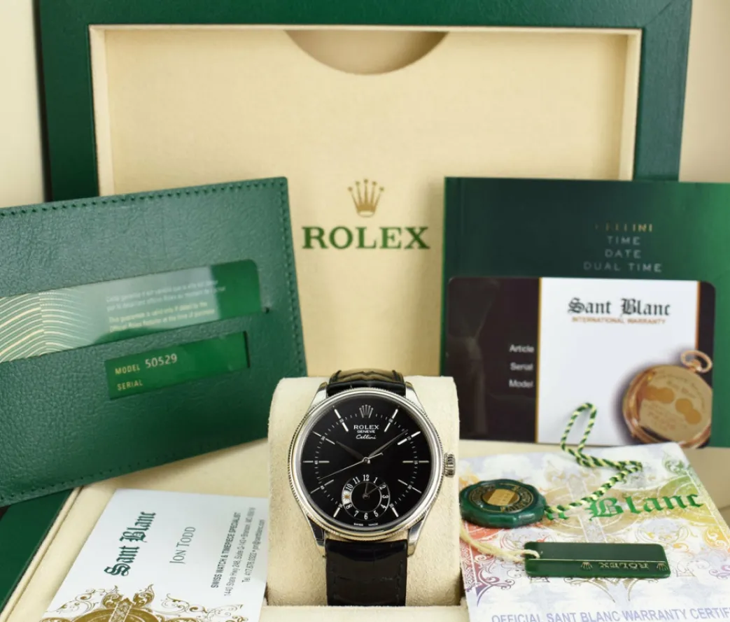 rolex_mm_white_gold_celli_0.webp Dress Watches | Men's Watches | Sant Blanc ROLEX 39mm White Gold Cellini Dual Time Black Dial Box & Card Model 50529