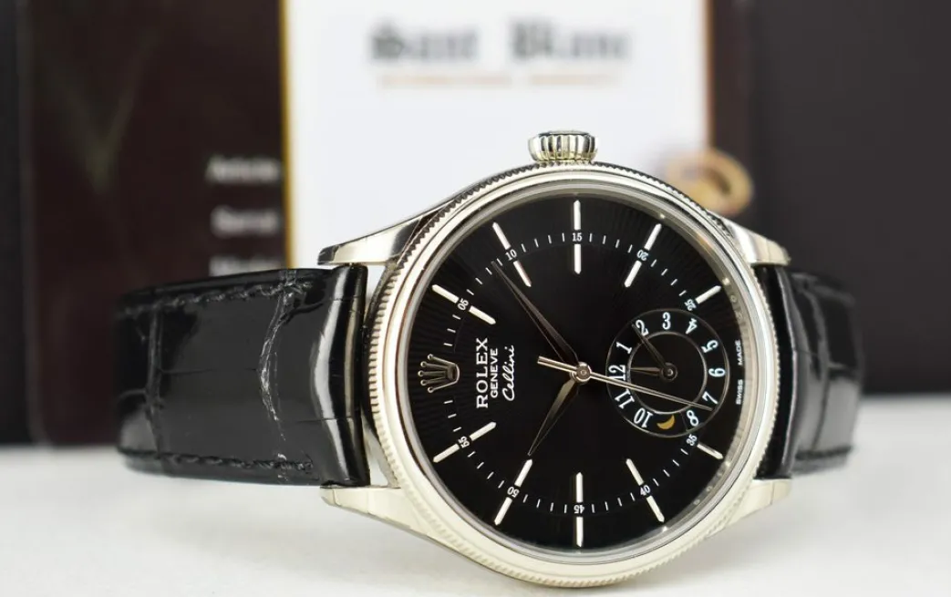 rolex_mm_white_gold_celli_5.webp Dress Watches | Men's Watches | Sant Blanc ROLEX 39mm White Gold Cellini Dual Time Black Dial Box & Card Model 50529