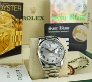Men's Watches | President Dress Watches | Sant Blanc ROLEX Platinum President Day Date 36 Rhodium Roman Dial Fat Buckle Model 118206