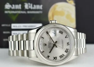 Men's Watches | President Dress Watches | Sant Blanc ROLEX Platinum President Day Date 36 Rhodium Roman Dial Fat Buckle Model 118206