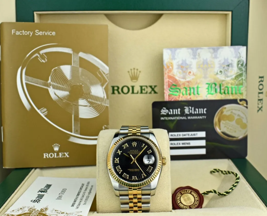 rolex_rehaut_kt_gold__sta_0-1.webp Men's Watches | Dress Watches | Sant Blanc ROLEX REHAUT 18kt Gold & Stainless DateJust Black Sunbeam Roman Dial Model 116233