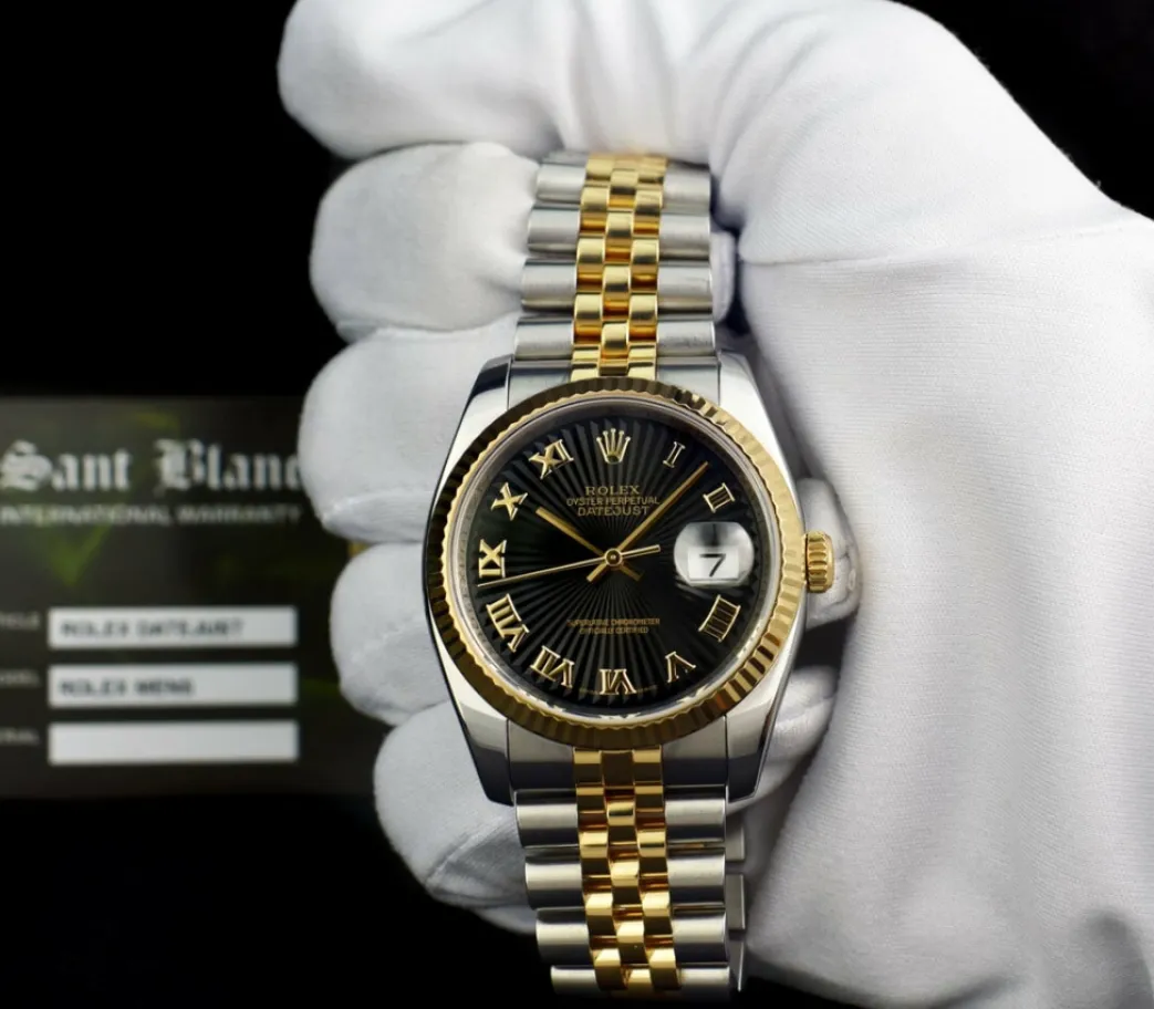 rolex_rehaut_kt_gold__sta_1-1.webp Men's Watches | Dress Watches | Sant Blanc ROLEX REHAUT 18kt Gold & Stainless DateJust Black Sunbeam Roman Dial Model 116233