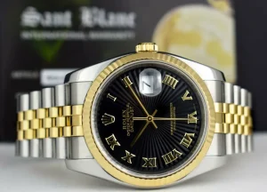 Men's Watches | Dress Watches | Sant Blanc ROLEX REHAUT 18kt Gold & Stainless DateJust Black Sunbeam Roman Dial Model 116233