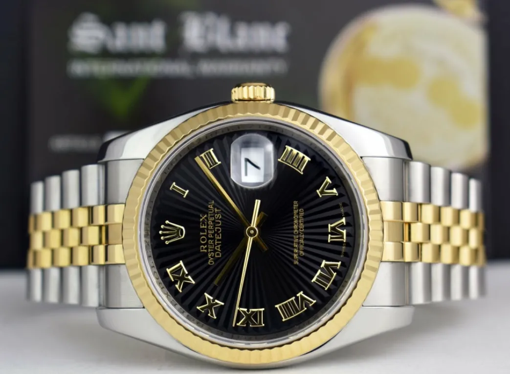 rolex_rehaut_kt_gold__sta_2-1.webp Men's Watches | Dress Watches | Sant Blanc ROLEX REHAUT 18kt Gold & Stainless DateJust Black Sunbeam Roman Dial Model 116233