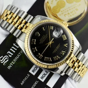 Men's Watches | Dress Watches | Sant Blanc ROLEX REHAUT 18kt Gold & Stainless DateJust Black Sunbeam Roman Dial Model 116233