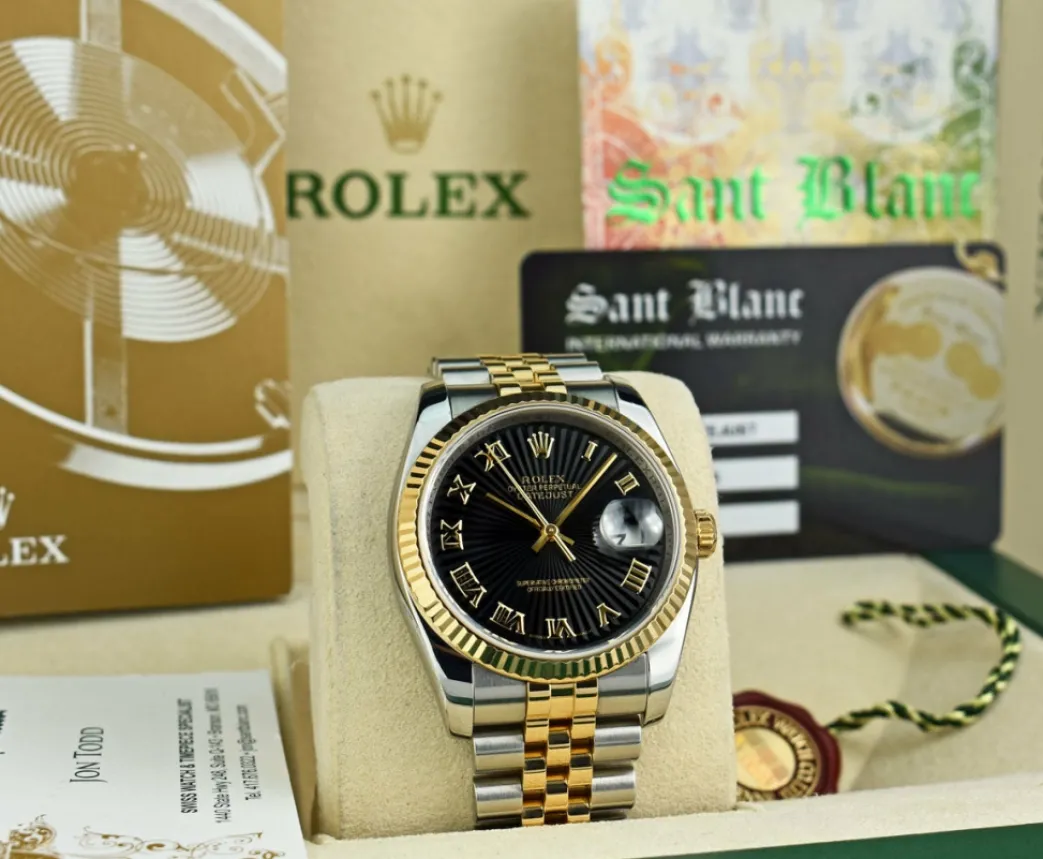 rolex_rehaut_kt_gold__sta_6-1.webp Men's Watches | Dress Watches | Sant Blanc ROLEX REHAUT 18kt Gold & Stainless DateJust Black Sunbeam Roman Dial Model 116233