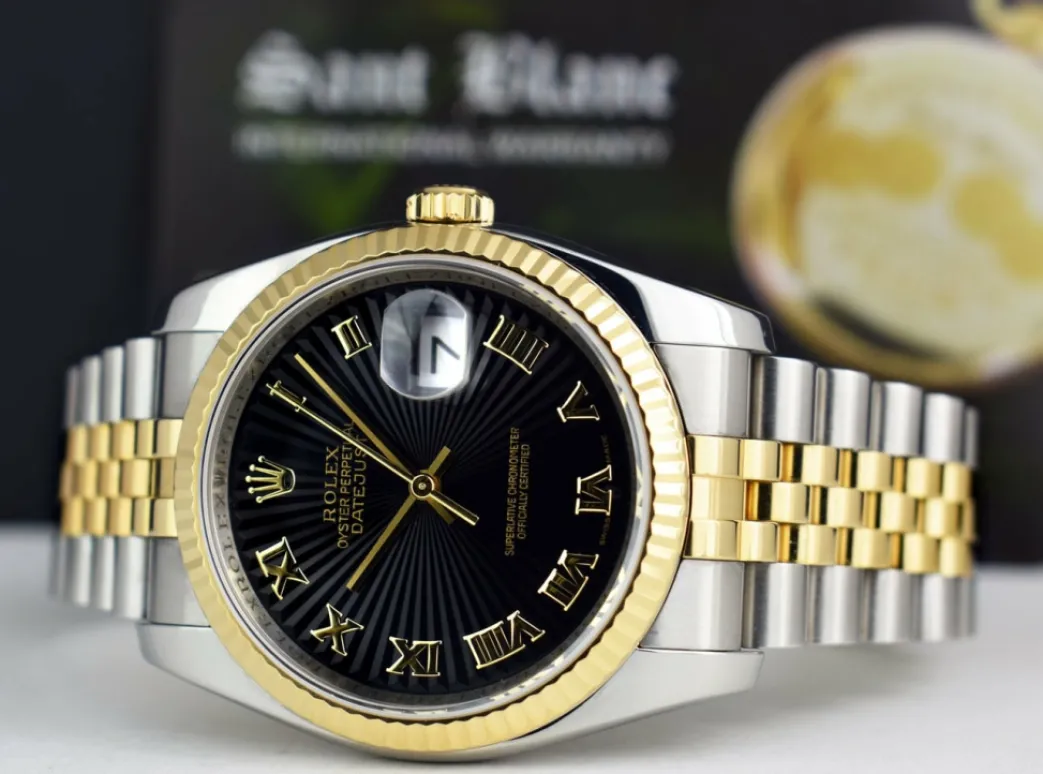 rolex_rehaut_kt_gold__sta_7.webp Men's Watches | Dress Watches | Sant Blanc ROLEX REHAUT 18kt Gold & Stainless DateJust Black Sunbeam Roman Dial Model 116233