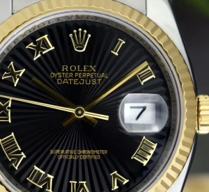 Men's Watches | Dress Watches | Sant Blanc ROLEX REHAUT 18kt Gold & Stainless DateJust Black Sunbeam Roman Dial Model 116233