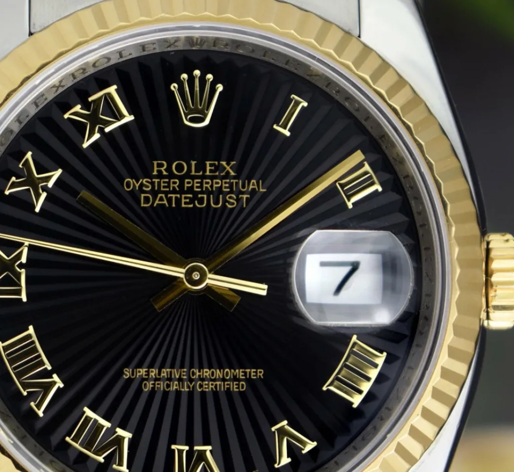 rolex_rehaut_kt_gold__sta_9.webp Men's Watches | Dress Watches | Sant Blanc ROLEX REHAUT 18kt Gold & Stainless DateJust Black Sunbeam Roman Dial Model 116233