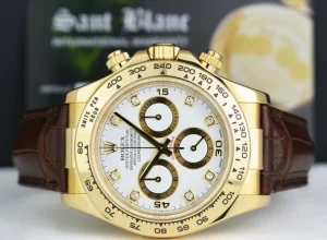 Racing Professional Watches | Sant Blanc ROLEX Rehaut 18kt Gold Daytona White Diamond Dial Burgundy Strap Model 116518