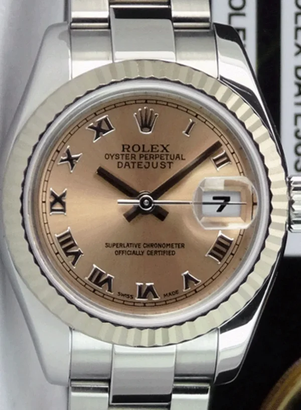 Ladies Watches | Dress Watches | Sant Blanc ROLEX REHAUT Ladies 26mm White Gold & Stainless Steel Datejust Rose Roman Dial Model 179174