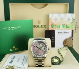 Men's Watches | President Dress Watches | Sant Blanc ROLEX REHAUT Mens Day Date Platinum President MOP Diamond Dial Diamond Bezel Model 118206