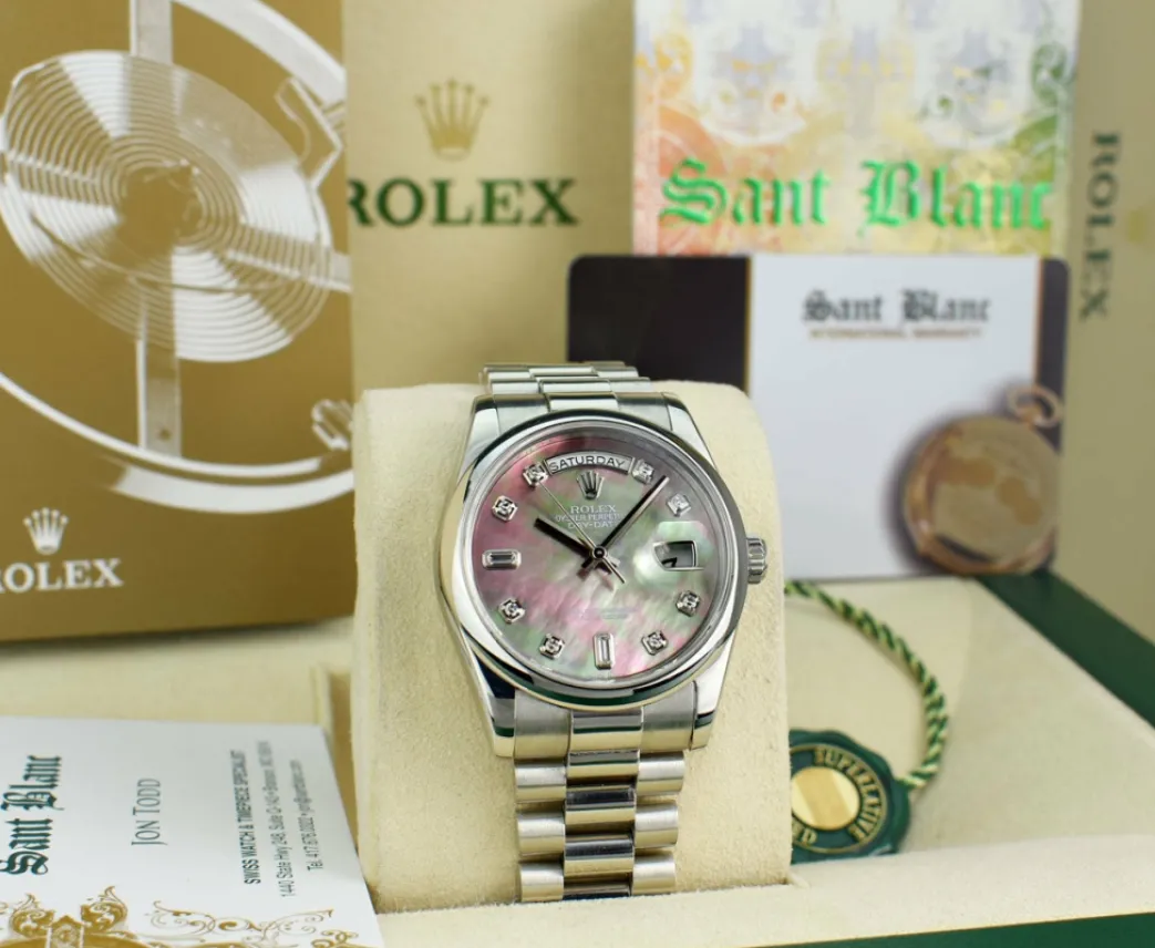 rolex_rehaut_mens_day_dat_1-1.webp Men's Watches | President Dress Watches | Sant Blanc ROLEX REHAUT Mens Day Date 36 Platinum President MOP Diamond Model 118206