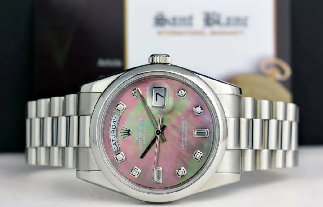 rolex_rehaut_mens_day_dat_2-1.webp Men's Watches | President Dress Watches | Sant Blanc ROLEX REHAUT Mens Day Date 36 Platinum President MOP Diamond Model 118206