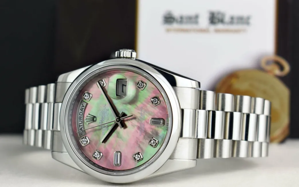 rolex_rehaut_mens_day_dat_3-1.webp Men's Watches | President Dress Watches | Sant Blanc ROLEX REHAUT Mens Day Date 36 Platinum President MOP Diamond Model 118206