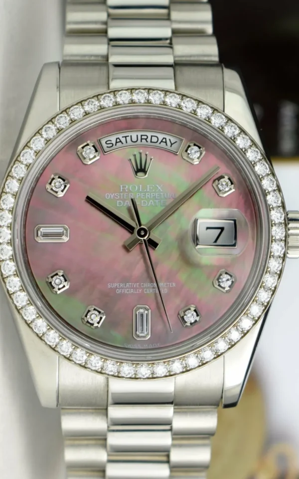 Men's Watches | President Dress Watches | Sant Blanc ROLEX REHAUT Mens Day Date Platinum President MOP Diamond Dial Diamond Bezel Model 118206