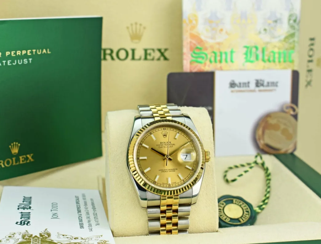 rolex_rehaut_mens_kt_gold_0-1.webp Men's Watches | Dress Watches | Sant Blanc ROLEX REHAUT Men's 18kt Gold & SS DateJust 36 Champagne Index Dial Model 116233