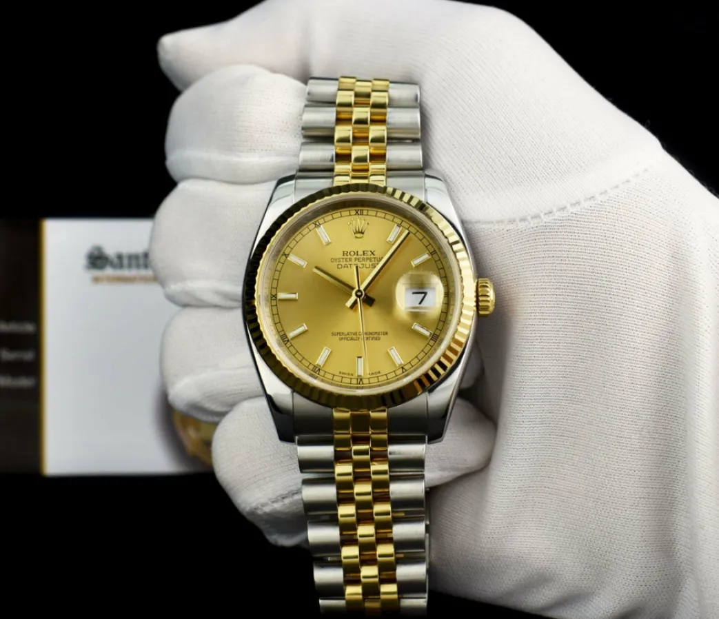 rolex_rehaut_mens_kt_gold_1-1.webp Men's Watches | Dress Watches | Sant Blanc ROLEX REHAUT Men's 18kt Gold & SS DateJust 36 Champagne Index Dial Model 116233