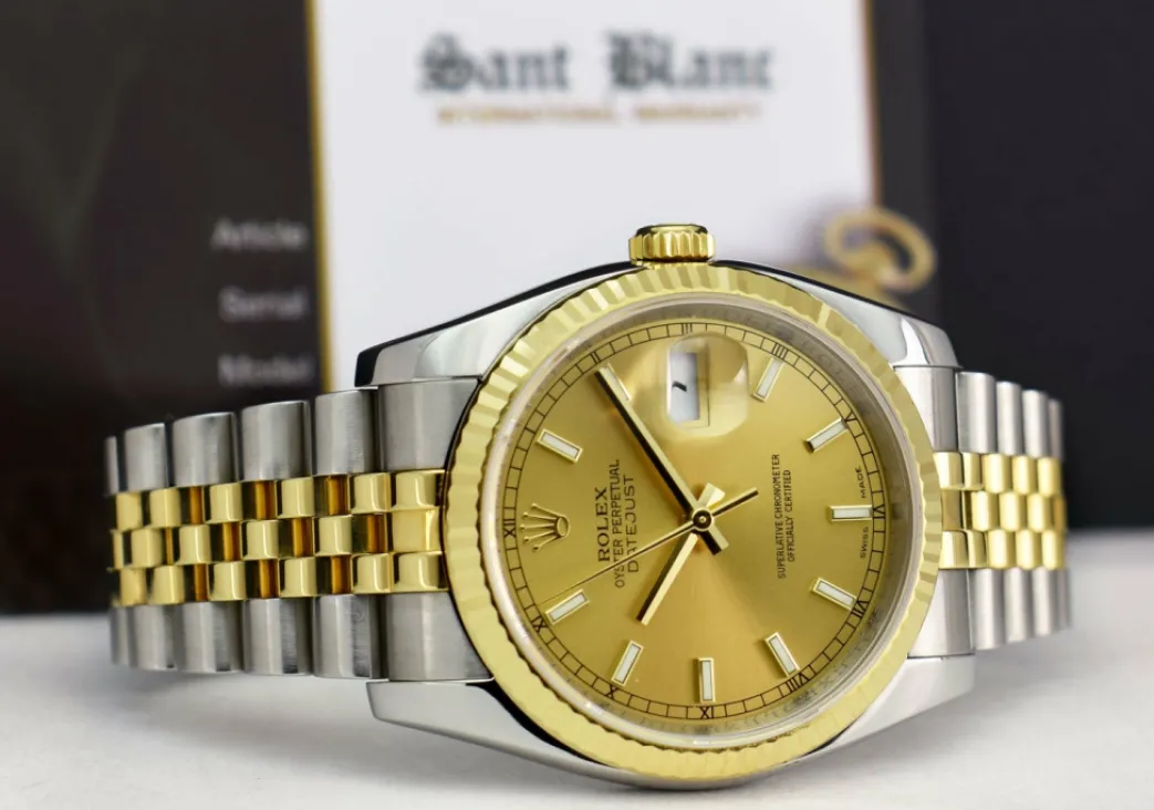 rolex_rehaut_mens_kt_gold_4-1.webp Men's Watches | Dress Watches | Sant Blanc ROLEX REHAUT Men's 18kt Gold & SS DateJust 36 Champagne Index Dial Model 116233