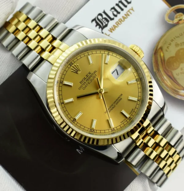 Men's Watches | Dress Watches | Sant Blanc ROLEX REHAUT Men's 18kt Gold & SS DateJust 36 Champagne Index Dial Model 116233