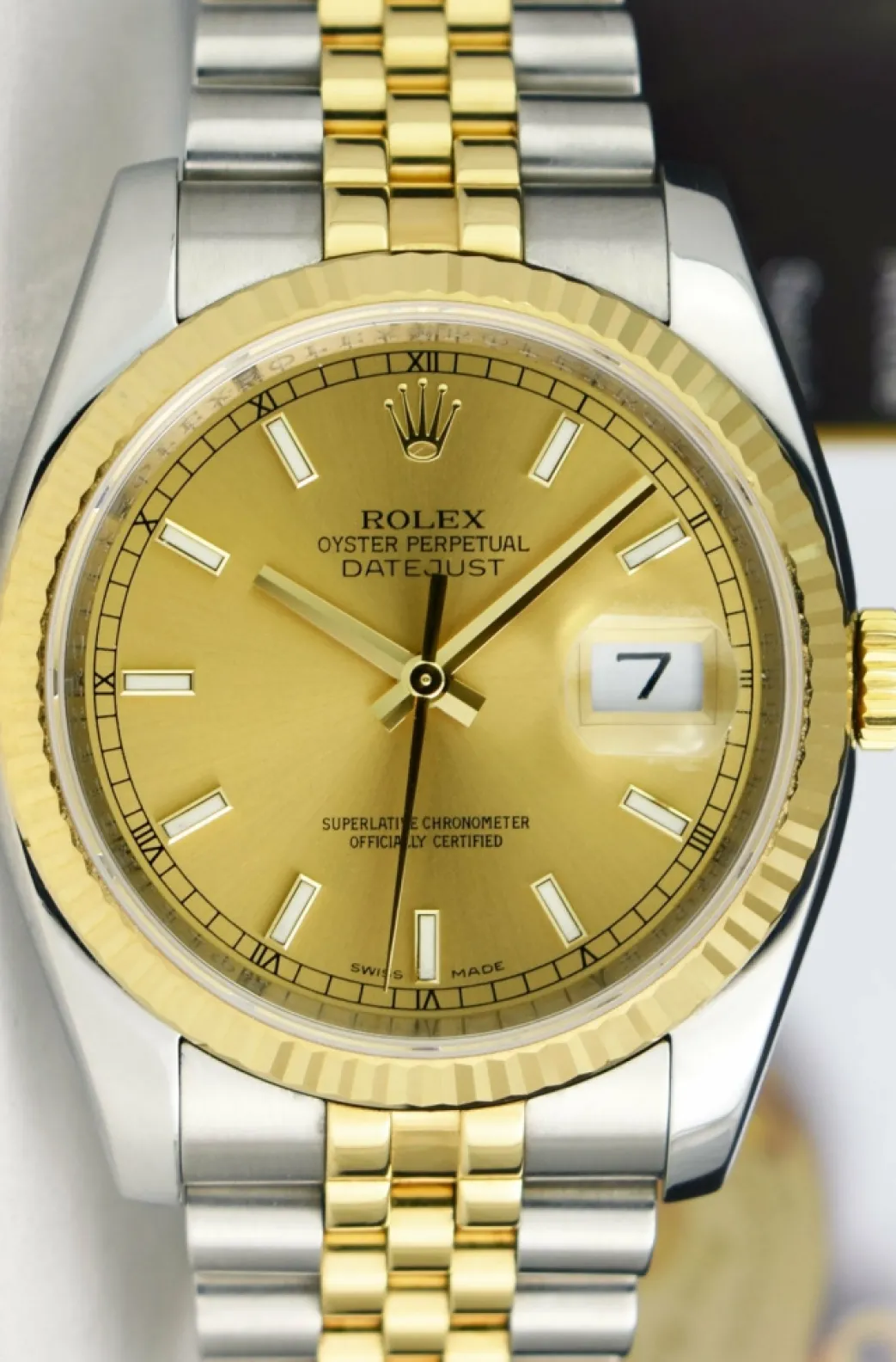 rolex_rehaut_mens_kt_gold_7-1.webp Men's Watches | Dress Watches | Sant Blanc ROLEX REHAUT Men's 18kt Gold & SS DateJust 36 Champagne Index Dial Model 116233