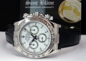 Sports Watches | Racing Professional Watches | Sant Blanc ROLEX Rehaut Mens 18kt White Gold Daytona with White Index Dial and Black Strap Model 116519