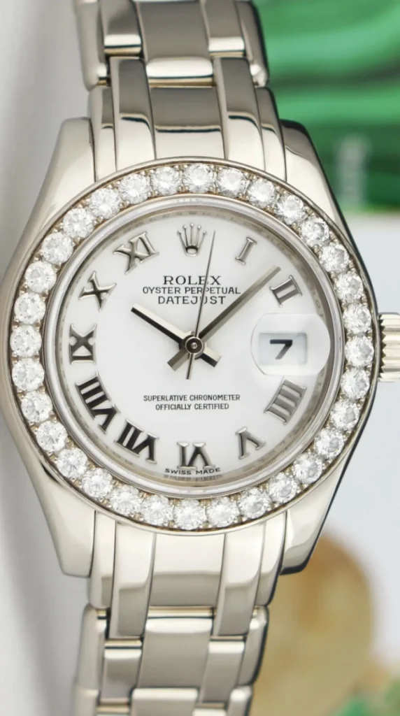 Ladies Watches | The Masterpiece | Sant Blanc ROLEX Rehaut 29mm 18kt White Gold Masterpiece White Bold Roman Model 80299