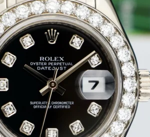 The Masterpiece | Sant Blanc ROLEX Rehaut 29mm 18kt White Gold Masterpiece Black Diamond Dial Model 80299