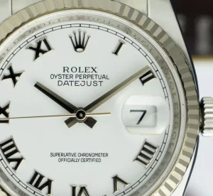 Men's Watches | Dress Watches | Sant Blanc ROLEX Rehaut 36mm 18kt White Gold & Stainless Steel Datejust White Roman Dial Model 116234