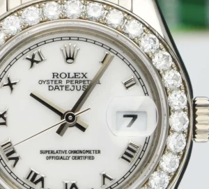 The Masterpiece | Sant Blanc ROLEX Rehaut 29mm 18kt White Gold Masterpiece White Roman Dial Model 80299