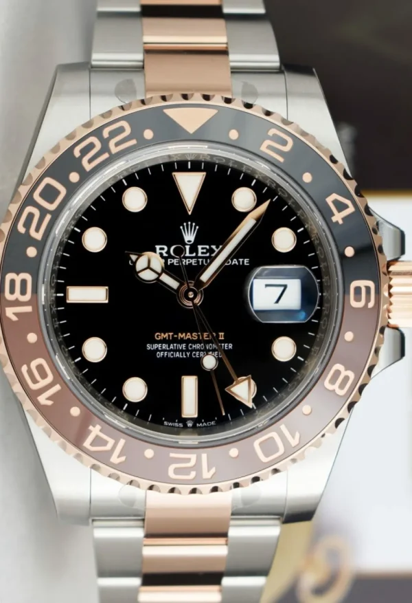 Pilots Professional Watches | Sant Blanc ROLEX Rose Gold & Stainless Steel GMT Master II Root Beer with Card Model 126711 CHNR