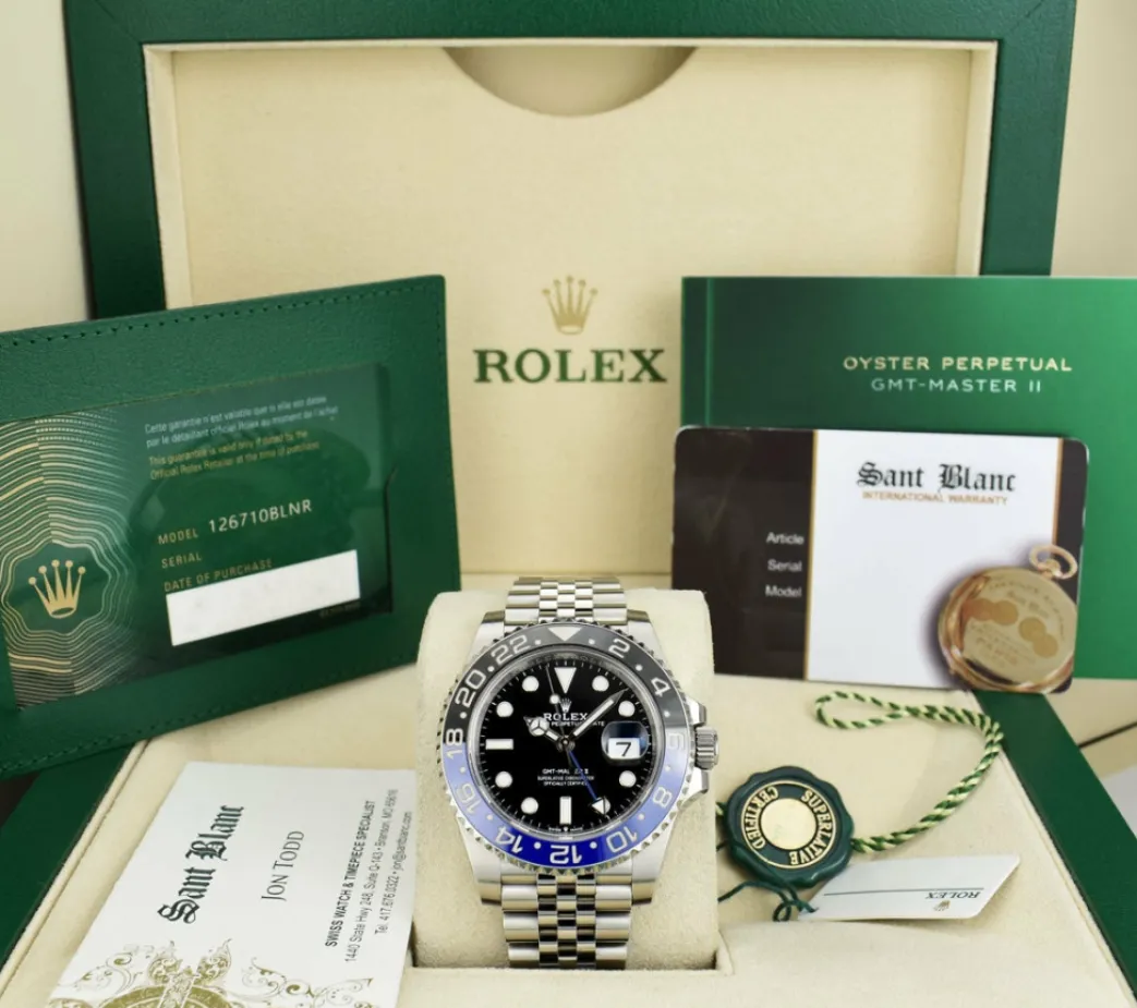 rolex_stainless_steel_gmt_0-2.webp Pilots Professional Watches | Sant Blanc ROLEX Stainless Steel GMT Master II Black Dial Model 126710BLNR
