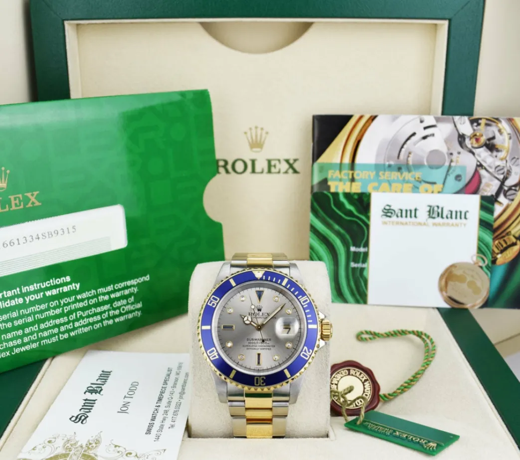 Diving Professional Watches | Men's Watches | Sant Blanc ROLEX Vintage 18kt Gold & Stainless Steel Submariner Silver Serti Dial Model 16613