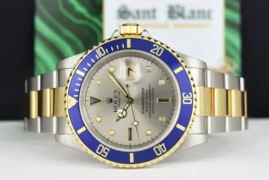 Diving Professional Watches | Men's Watches | Sant Blanc ROLEX Vintage 18kt Gold & Stainless Steel Submariner Silver Serti Dial Model 16613