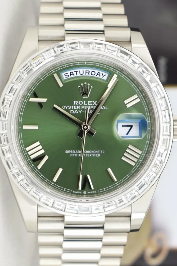 President Dress Watches | Sant Blanc ROLEX White Gold Day Date 40 President Custom Diamond Bezel Model 228239