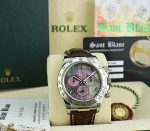 Men's Watches | Racing Professional Watches | Sant Blanc ROLEX White Gold Daytona Tahitian Mother of Pearl Roman Dial Brown Crocodile Strap Model 116519