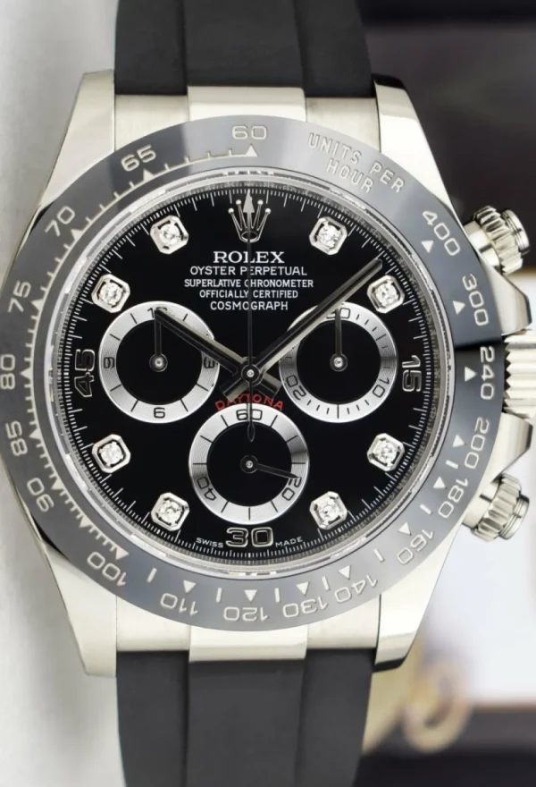 Racing Professional Watches | Sant Blanc ROLEX White Gold Daytona Black Diamond Dial Oysterflex Strap Model 116519LN