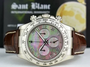 Men's Watches | Racing Professional Watches | Sant Blanc ROLEX White Gold Daytona Tahitian Mother of Pearl Roman Dial Brown Crocodile Strap Model 116519