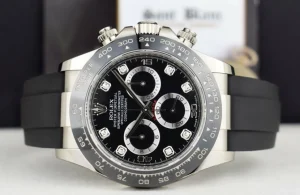 Racing Professional Watches | Sant Blanc ROLEX White Gold Daytona Black Diamond Dial Oysterflex Strap Model 116519LN