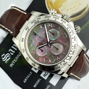 Men's Watches | Racing Professional Watches | Sant Blanc ROLEX White Gold Daytona Tahitian Mother of Pearl Roman Dial Brown Crocodile Strap Model 116519
