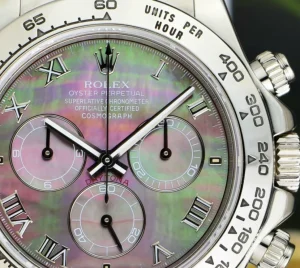 Men's Watches | Racing Professional Watches | Sant Blanc ROLEX White Gold Daytona Tahitian Mother of Pearl Roman Dial Brown Crocodile Strap Model 116519