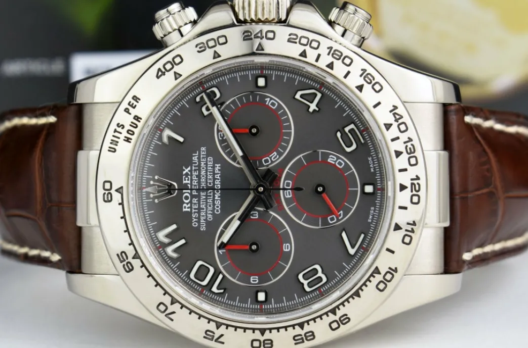 rolex_white_gold_daytona__7-2.webp Men's Watches | Racing Professional Watches | Sant Blanc ROLEX White Gold Daytona Gray Slate Arabic Dial with Brown Crocodile Strap Model 116519